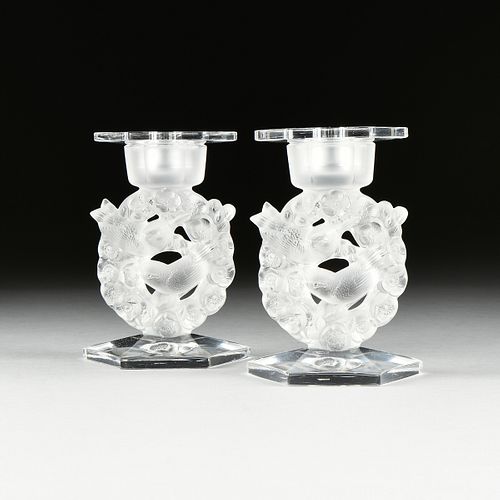 A PAIR OF LALIQUE FROSTED CRYSTAL "MÉSANGES" CANDLESTICKS, ENGRAVED SIGNATURE, THIRD QUARTER 20TH CENTURY,