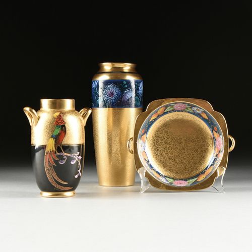 A GROUP OF THREE PICKARD HEAVY GILT PORCELAIN VASES AND BOWL, 