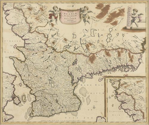 AN ANTIQUE MAP, "Accurata Scaniæ, Belkingiæ et Hallandiæ," AMSTERDAM, CIRCA 1680,