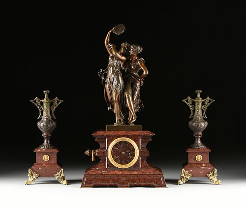 A FRENCH ASSEMBLED THREE PIECE GARNITURE, JAPY FRERES CLOCK RETAILED BY AUGUST LEMAIRE, SCULPTURE BY ETIENNE HENRI DUMAIGE (French 1830-1888), CIRCA 1