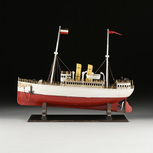 A VINTAGE GERMAN PAINTED TIN STEAM POWERED MODEL BOAT, POSSIBLY BING, CIRCA, 1923,