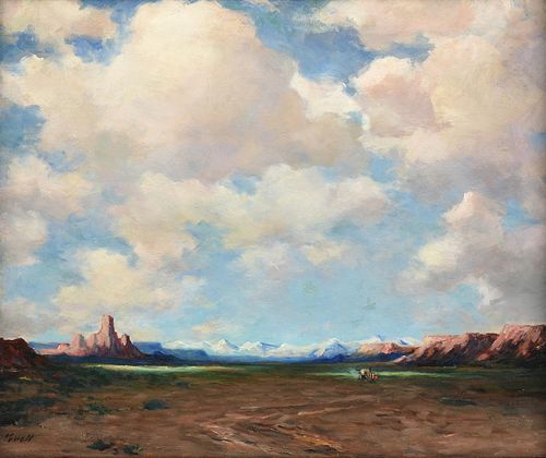 ALBERT GROLL (American 1866-1952) A PAINTING, "Covered Wagon Under Clouds in Desert Landscape,"