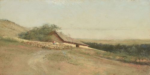 FRANK REAUGH (American/Texas 1860-1945) A PAINTING, "Shepherd with Herd of Sheep by Cottage in Landscape," 1884-1889,
