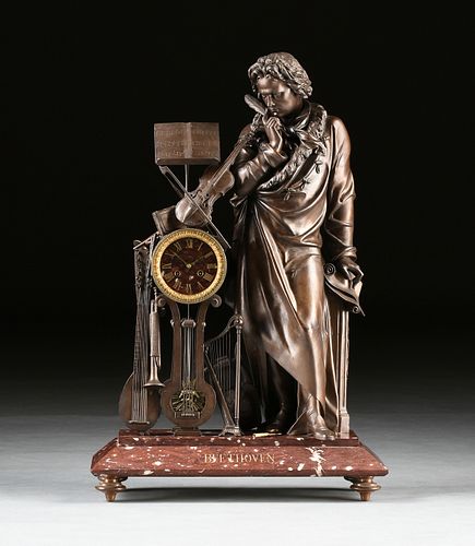after AUGUSTE JOSEPH CARRIER (French 1800-1875) A BELLE EPOQUE PATINATED SPELTER AND ROUGE GRIOTTE CLOCK, "Beethoven," CLOCKWORKS BY AD. MOUGIN, FRENC