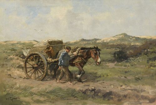 WILLIAM GEORGE FREDERICK JANSEN (Dutch 1871-1949) A PAINTING, "Fisherman and Horse Drawn Cart with a Good Day's Catch,"