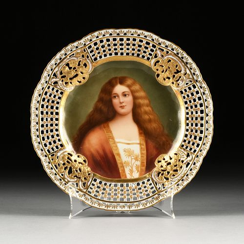 A ROYAL VIENNA STYLE PORCELAIN PLATE WITH PORTRAIT OF AN AMBER HAIRED BEAUTY, "Elegie," DRESDEN, EARLY 20TH CENTURY,
