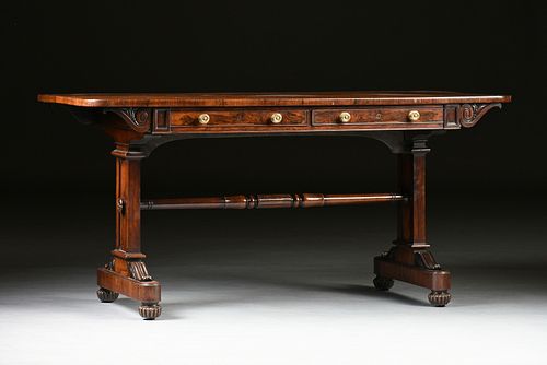 A FINE ENGLISH REGENCY ROSEWOOD AND MAHOGANY LIBRARY DESK, WILLIAM IV (1830-1837),