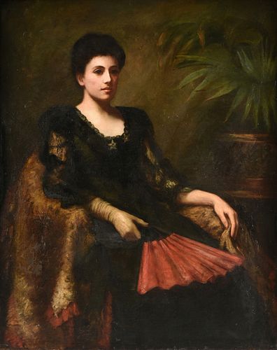 A LATE VICTORIAN PAINTING, "Portrait of Lady with Teal Eyes, Red Fan, Black Lace and Long White Gloves," 1880-1900,