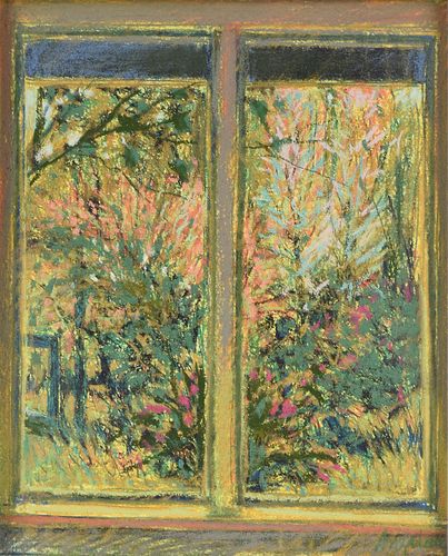 WILLIAM ANZALONE (American/Texas b. 1935) A DRAWING, "View of Flowering Plants through a Window,"