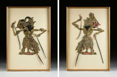 A PAIR OF INDONESIAN WAYANG KULIT PARCEL GILT POLYCHROME SHADOW PUPPETS, ATTRIBUTED TO JAVA, "King Kongso Adu Jago," 19TH CENTURY,