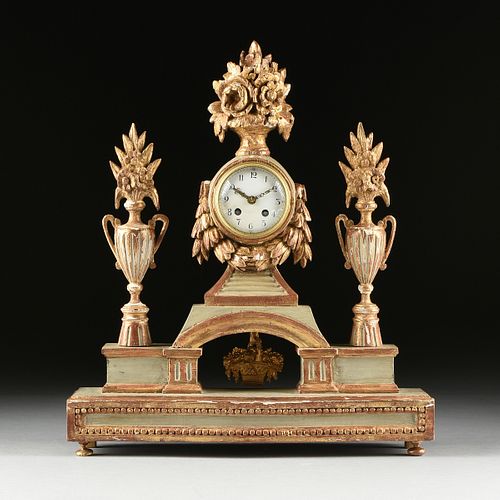 A PROVINCIAL NEOCLASSICAL PARCEL GILT AND PAINTED WOOD MANTLE CLOCK, WORKS BY VINCENTI & CIE, MID 19TH CENTURY,