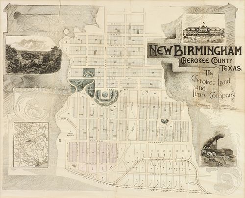 A PROMOTIONAL MAP AND LAYOUT FOR THE CREATION OF A PROPOSED TEXAS CITY  "NEW BIRMINGHAM, CHEROKEE COUNTY," NEW YORK, CIRCA 1888,