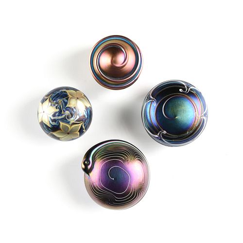 A GROUP OF FOUR IRIDESCENT SATIN GLASS PAPERWEIGHTS, SIGNED, LATE 20TH CENTURY,