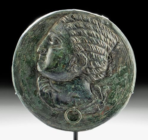 Roman Bronze Mirror Case w/ Woman in Profile