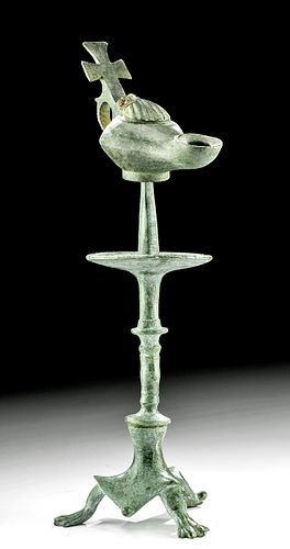 Byzantine Bronze Pilgrim's Oil Lamp + Stand