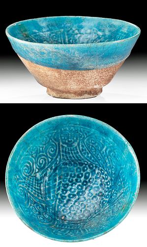12th C. Persian Bamiyan Turquoise Glazed Pottery Bowl