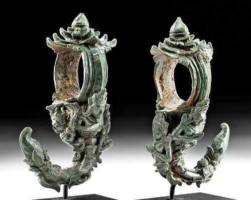 Fine Figural Pair of Khmer Bronze Palanquin Hooks