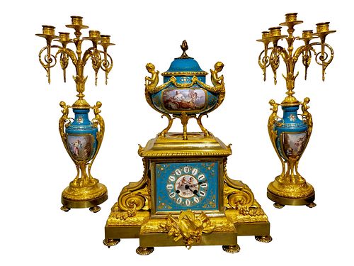  French Gilt Bronze & Sevres Garniture Set by Henri Picard.