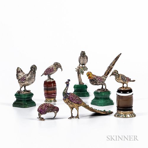 Seven Silver, Enamel, and Gem-set Miniature Birds