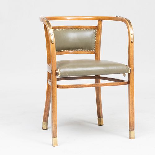 Otto Wagner Brass-Mounted Birch and Leather 'Thonet 5' Armchair, for Thonet