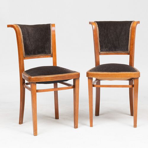 Pair of Oak and Velvet Sidechairs, by J. & J. Kohn or GebrÃ¼der Thonet