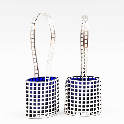 Pair of Josef Hoffman Designed Silver Mesh Flower Baskets with Blue Glass, for the Wiener Werkstätte