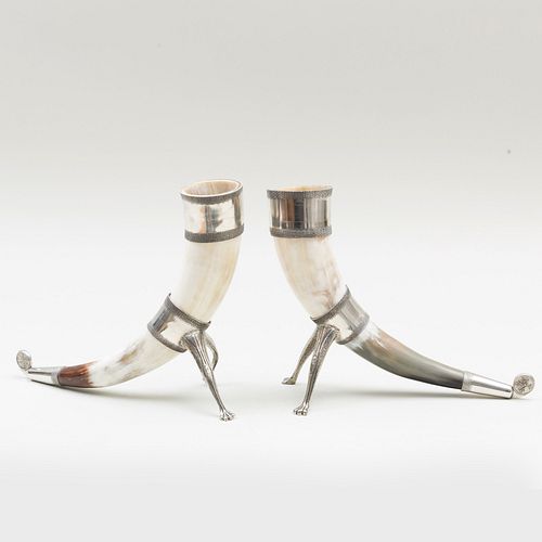 Pair of Norweigan Pewter-Mounted Drinking Horns