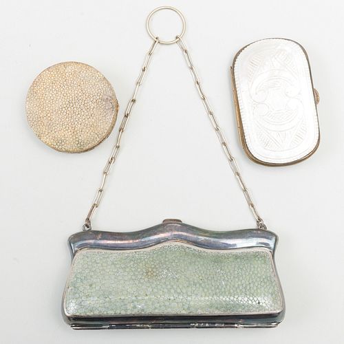 Shagreen Compact Case, a Silver Plate and Shagreen Purse and a Mother-of-Pearl Ladies Case