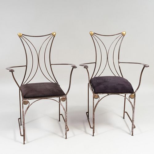 Pair of Art Nouveau Style Wrought Iron and Parcel Gilt Chairs