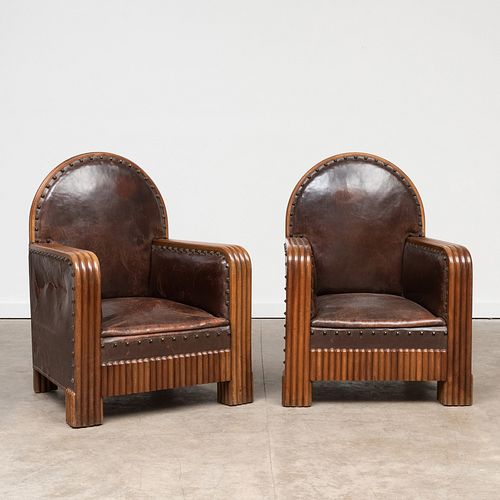 Pair of Art Deco Style Oak and Leather Club Chairs