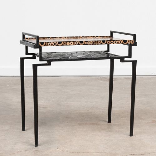R & Y Augousti Ebonized and Wood Veneer Tray Table