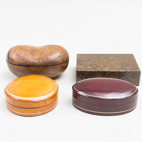 Hermes Wood Box, a Hardstone Table Box, and Two Bergdorf Leather Boxes