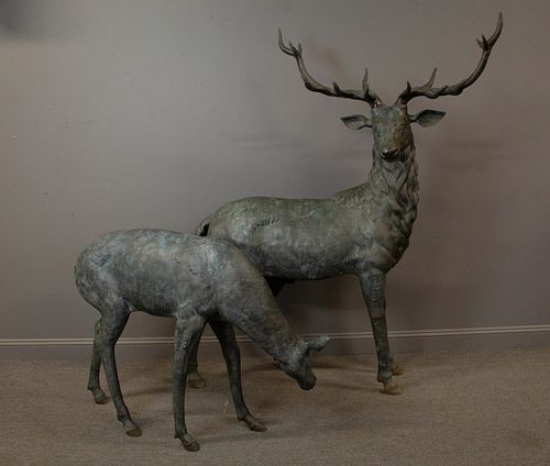 Pair Of Life Size Sculpted Bronze Deer.