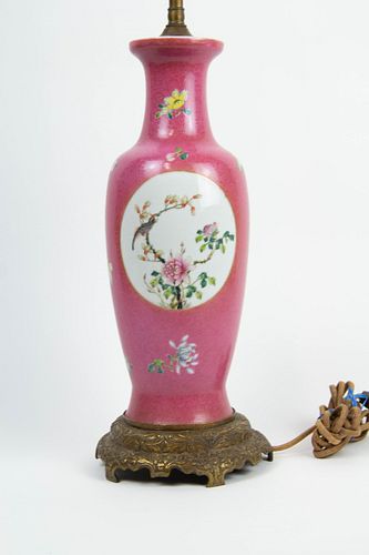 Pink Ground Incised Famille Rose Vase as a Lamp.
