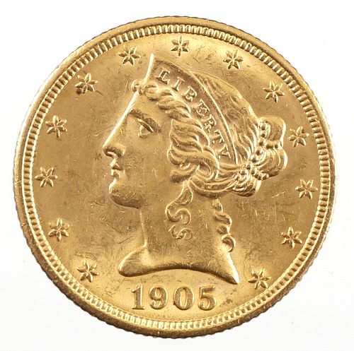1905 US Gold Half Eagle $5 Coin