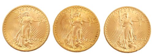 3 St. Gaudens $20 Gold Pieces 1908