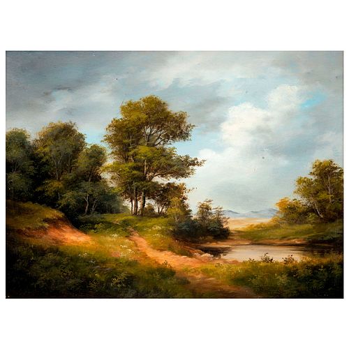 HOSSZÚ, Vista de paisaje con lago, Firmado, Óleo sobre rígido, Enmarcado, 29 x 40 cm