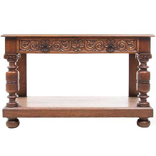 Console table. France. 20th Century. Carved in oak. Rectangular top and drawr with metal handles. 29.5 x 47.2 x 17.7" (75 x 120 x 45 cm)