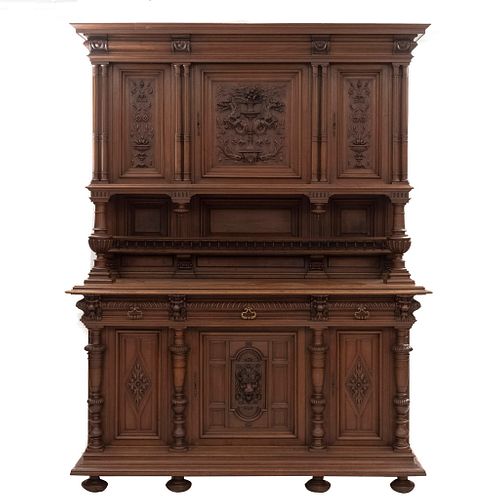 Sideboard or Buffet. France. 20th Century. Henri II. Carved in walnut.With 3 drawers and 6 doors. 93.3 x 70.8 x 23.6" (237 x 180 x 60 cm)