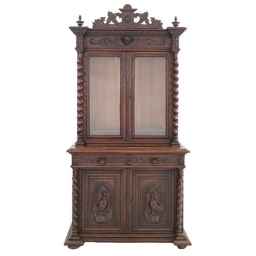Glass Showcase. France. 20th Century. Carved in oak. With 2 drawers and 4 doors, 2 with glass. 92.5 x 45.6 x 21"  (235 x 116 x 54 cm)