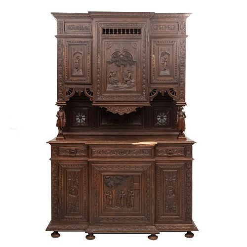 Buffet or Sideboard. France. 20th Century. Breton Style. Carved in oak. 3 doors and 3 drawers. 96.8 x 63 x 24.4" (246 x 160 x 62 cm)