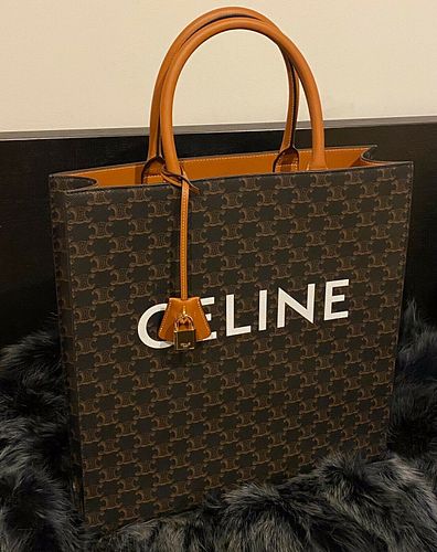 Celine Vertical Cabas In Triomphe Canvas And Calfskin Tote Bag Tan 