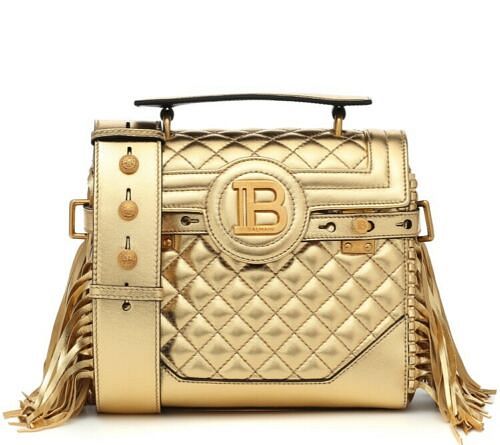 Balmain B-Buzz 23 Golden Quilted Leather Shoulder Bag With Fringe NWT