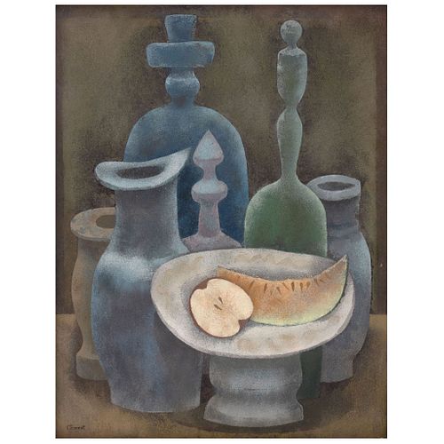 ENRIQUE CLIMENT, Naturaleza muerta con melón ("Still Life with Melon"), Signed, Tempera on paper on wood, 19.4 x 14.9" (49.5 x 38 cm)