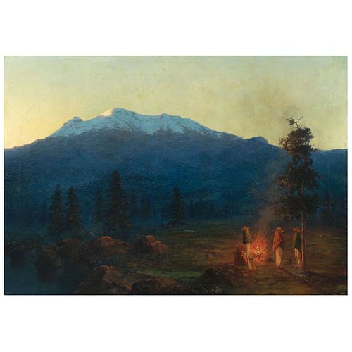 GUILLERMO GÓMEZ MAYORGA, Fogata en el Iztaccíhuatl ("Fire on the Iztaccíhuatl"), Signed, Oil on canvas, 27 x 39" (68.5 x 99 cm)