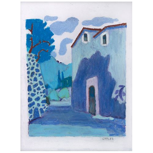 CARLOS DIAZ CARLES, Calle azul ("Blue Street"), Signed, Pastel on paper, 15.3 x 11.6" (39 x 29.5 cm)