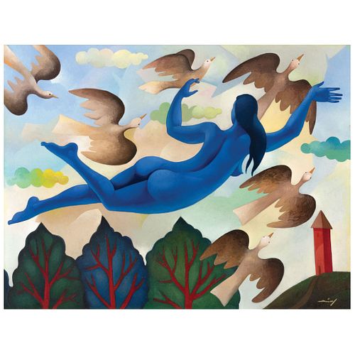 JULIÁN DÍAZ VALVERDE DIVAL,La teoría del vuelo("The Theory of Flight"),Signed on front.Signed & dated 2002 on back, Oil on canvas,39.3x51"(100x130 cm)