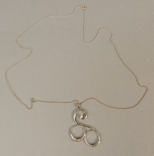 Custom 14K gold necklace made of two rings with small diamonds on chain. 9.7 grams.