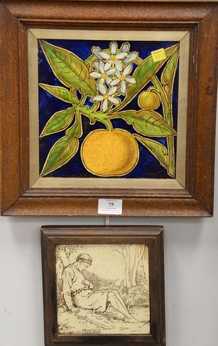 Three framed tile plaques, Demetrius, Josiah Wedgwood and Sons Etruria (6" x 6") and a pair of plaques painted with leaves and lemons. Provenance: The