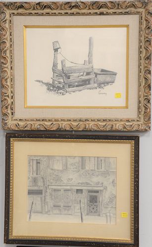 Three pencil and ink drawings, Robert Sarsony (1938), farming, signed Sarsony, pencil architectural drawing exterior of building, signed Angelini, alo